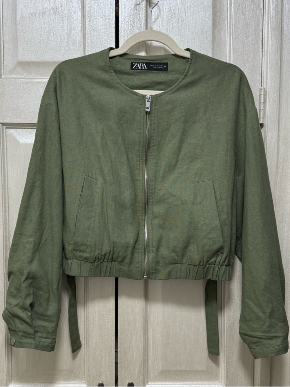 Zara Women XS Cropped Linen Blend Olive Green Bomber Jacket Oversized